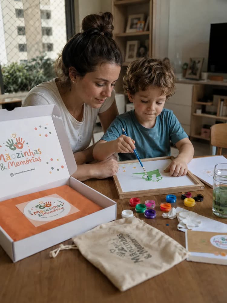 Mãe e criança pintando juntos na mesa
